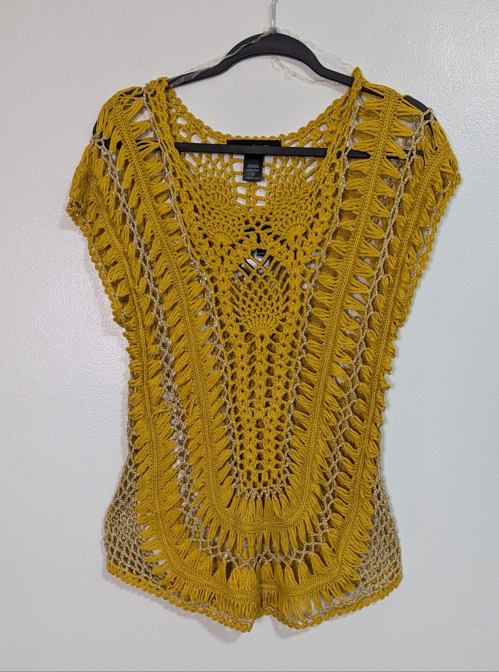 NWT Ashley Stewart Size 12 Mustard Yellow Gold Crochet Boho Top